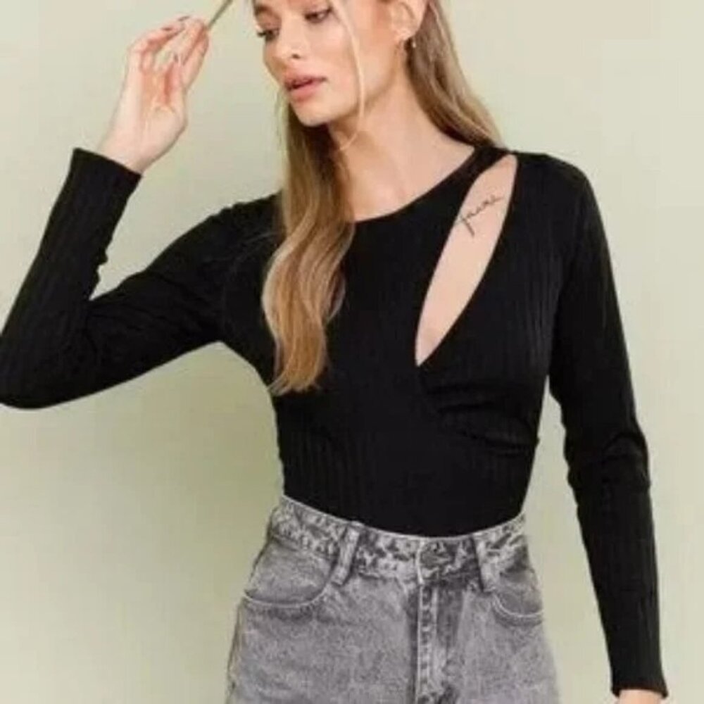 Anthropologie Le Lis Black Ribbed Long Sleeve Cutout Bodysuit - Size Small